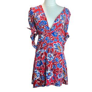 Free People Red Floral Mini Dress Size 4 – Ruched Waist Deep V Neck, Puff Sleeve
